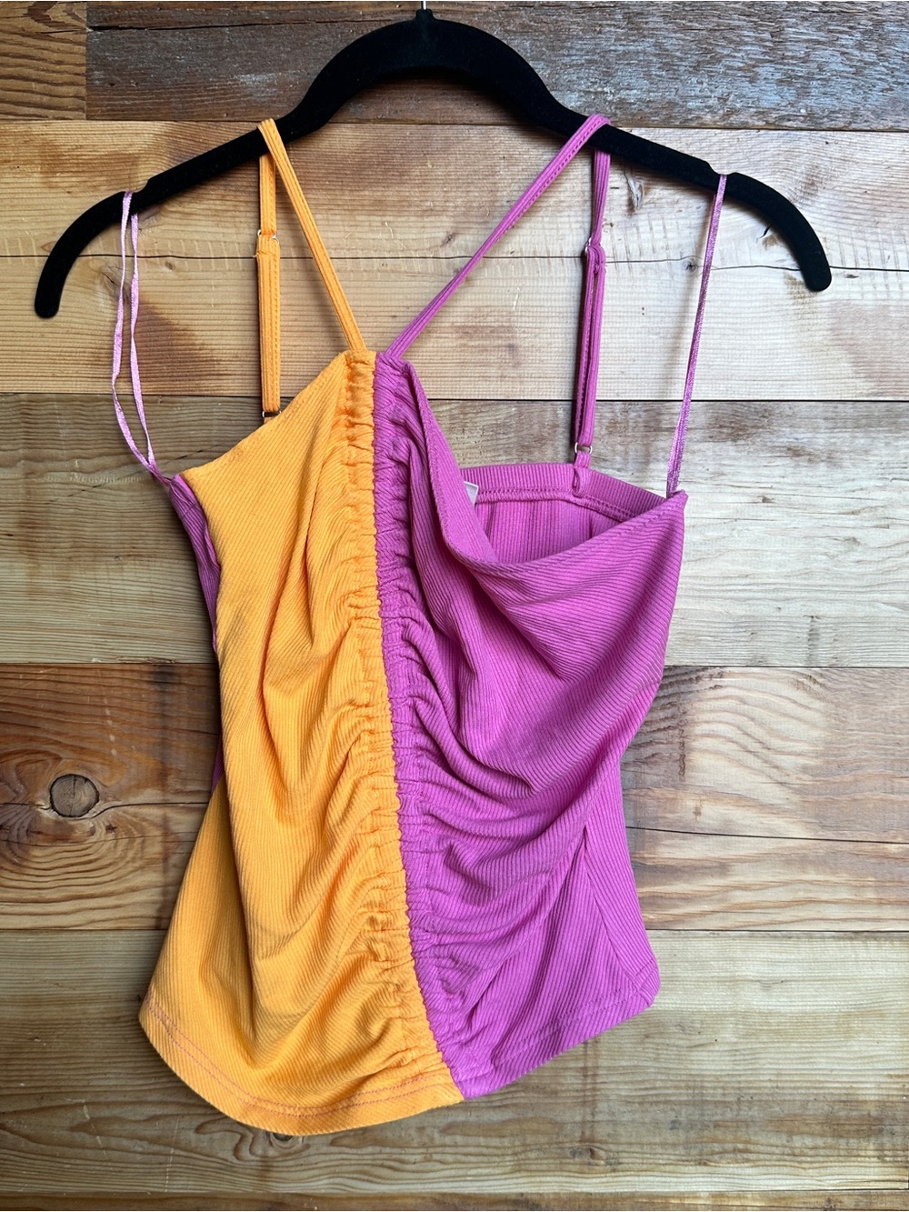 Anthropologie Pink and Orange Color block Ruched Cami Tank Top Asymmetrical